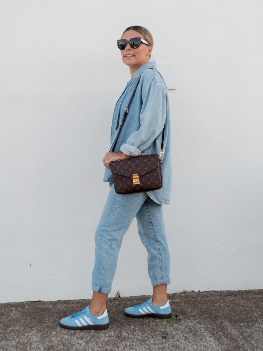 Double Denim Outift with Louis Vuitton Bag and Sneakers